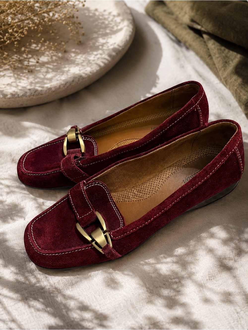 Naturalizer Suede Wine Colored Square Toe Loafers with Brass Buckle Detail